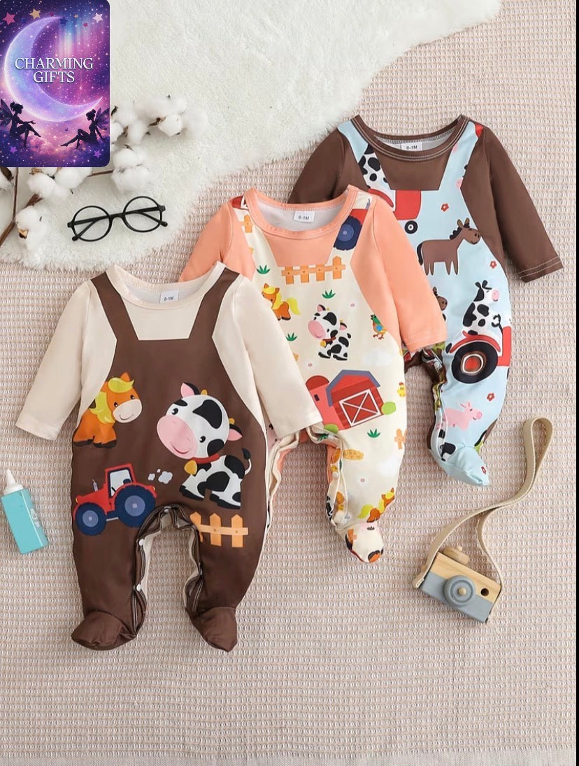 A 3pcs Set for Baby Suitable for All Seasons, Featuring a Cute Faux Denim Print Design, a Fun Faux Two-Piece Suspender Print, And a Casual Knitted Stretch Onesie, Perfect for Spring, Summer, Autumn, And Winter, Making It an Ideal Gift for Babie