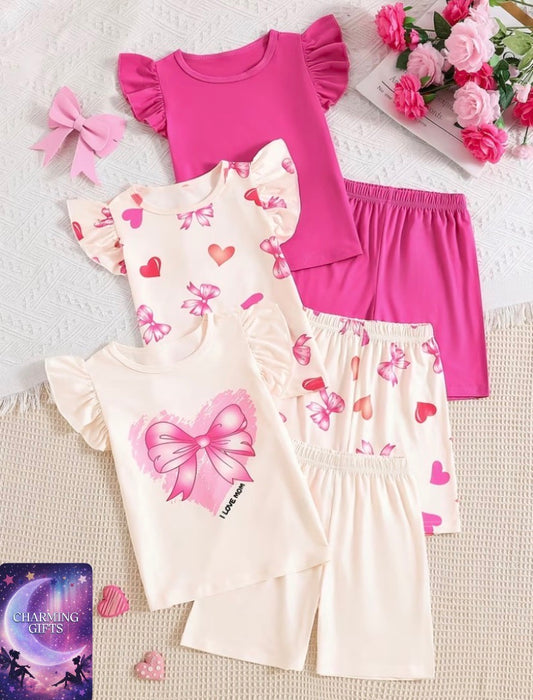 6pcs of Girls' Solid Color And Heart-Shaped Bow Print Flying Sleeve Short-Sleeved T-Shirt + Shorts Casual Set, Suitable for Summer Daily Life And Outdoor Activities, Can Be Used As Qi Objects, And Girls' Clothes, for Outdoor