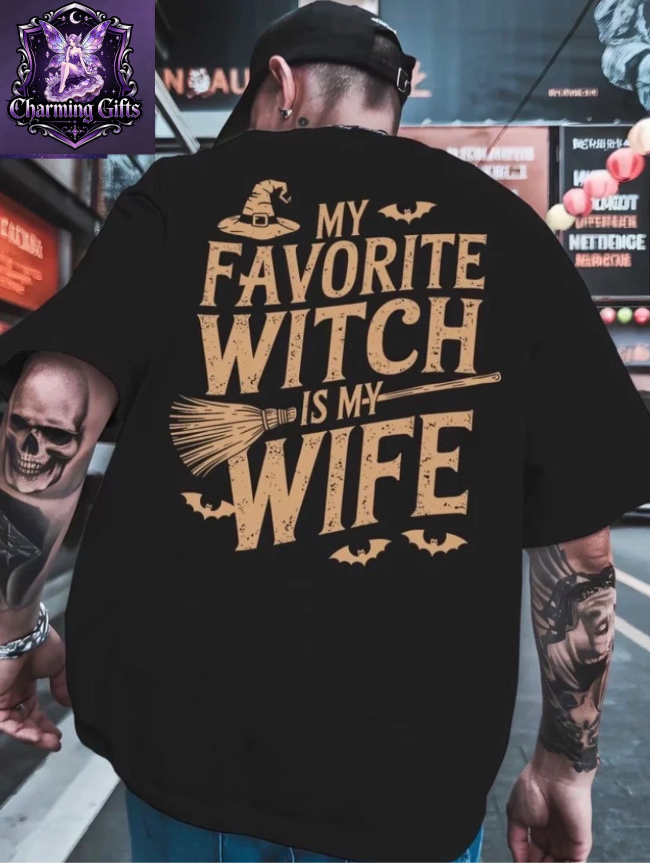The T-Shirt Featuring My Favorite Witch, Who Happens to Be My Wife, Is a Classic And Versatile Piece for Men. It Has a Round Neck And a Back Print, Making It Perfect for Basketball And an Essential Summer Outfit for The Gym. for Halloween, Plus Size