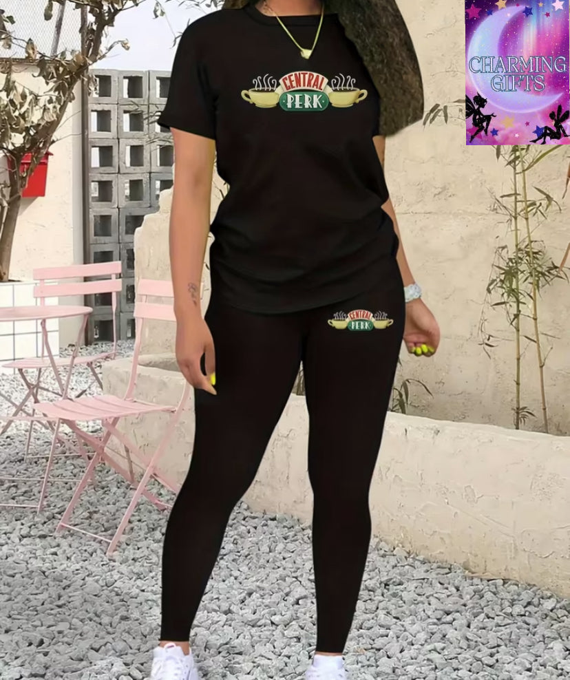 Central Perk Cafe! Friends Fan Retro Print Casual Round Neck Short Sleeve T-Shirt and Long Pants Fashion Set, Letter Pattern Print, Suitable for All Seasons, Women'S Two-Piece Outfit, Women'S Pants Set