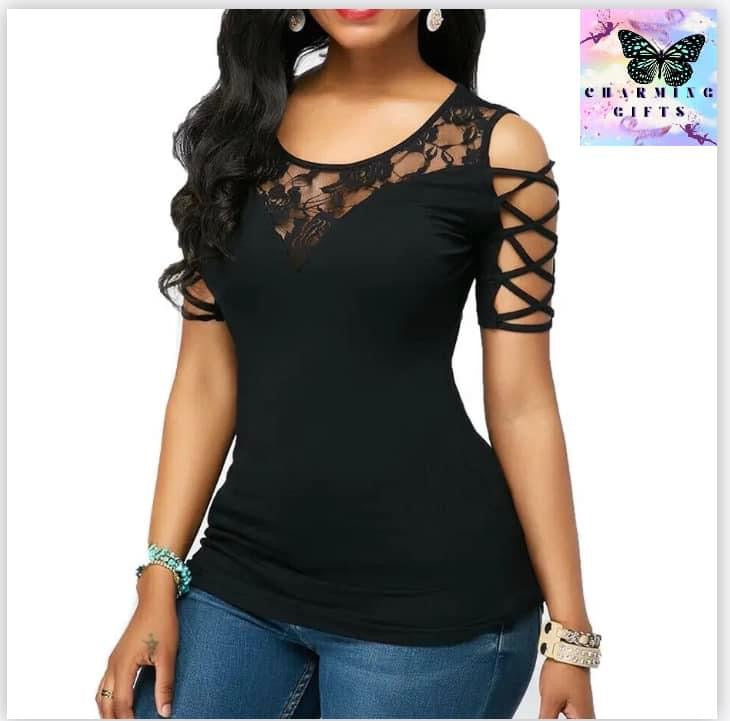 Women Cold Shoulder Round Neck T Shirts Summer Short Sleeve Floral Lace Slim Tee Tops