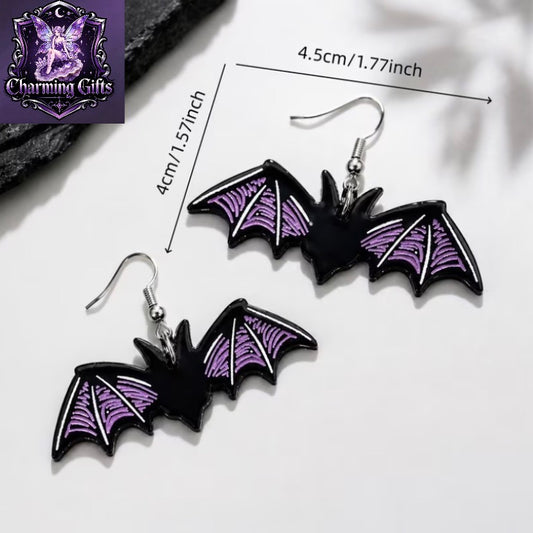 🦇 Purple-Black Gothic Bat Dangle Earrings — Y2K Witchy Vibes