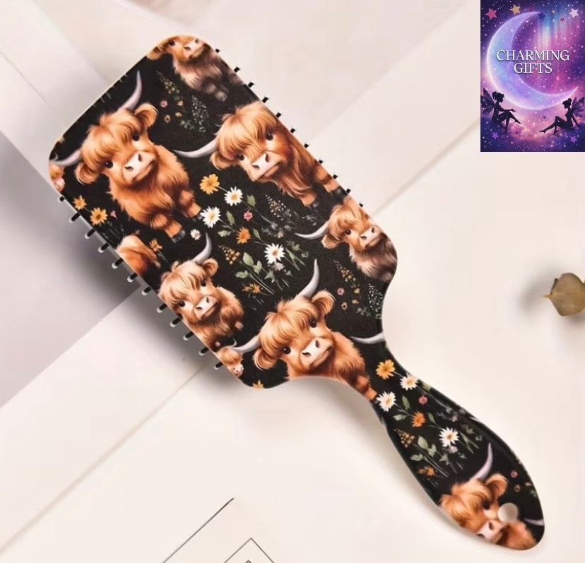 1pc Sunflowers And Highland Cattle Cushion Comb, Large Anti-Static Rubber Bristle Hairbrush with ABS Plastic Handle for Normal Hair, Detangling Styling Tool for Long Hair Care