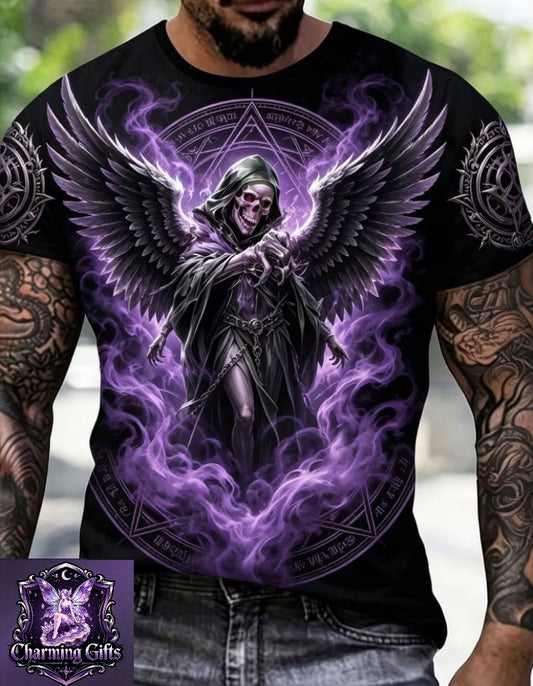 Purple Flame Wing Grim Reaper Plus Size Men'S Short Sleeve T-Shirt, Plus Size Loose Fit Round Neck Casual Summer Men'S Top