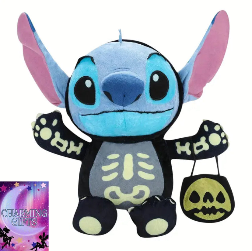 [Disney Stitch Halloween Plush] Disney Stitch Plush Toy with Skeleton Costume & Pumpkin Bag - Soft Black & Blue Halloween Stuffed Animal, Cute Gift for Kids, Festive Decoration, Themed Character Apparel, Detailed Costume Design
