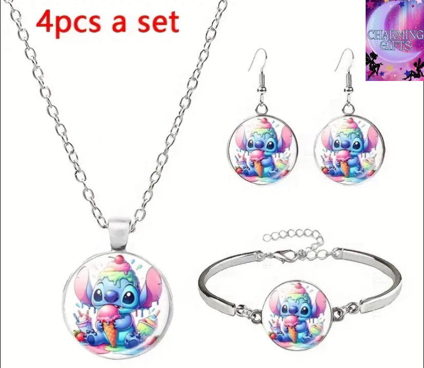 4pcs Package (Iron Alloy Jewelry Set), Disney Brand, 1 Necklace, 1 Bracelet, 1 Pair of Earrings, Stitch from The Cartoon "Lilo And Stitch" Holding an Ice Cream, Colorful Background Pattern, a Great Gift for Friends During Graduation Season, Girls Jewelry
