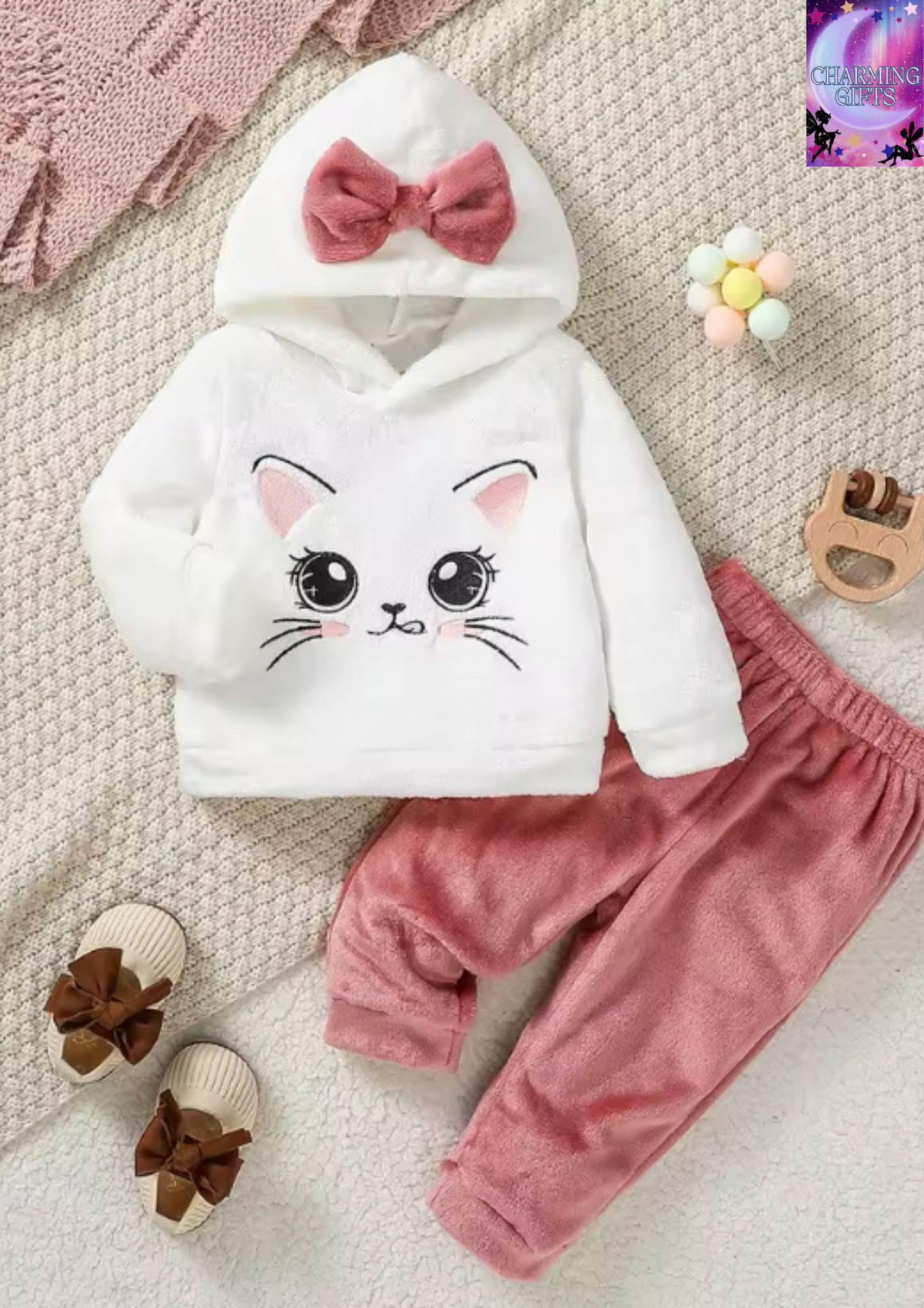 Baby Girls Autumn/Winter Plush Hoodie Sweatshirt With Bow Cartoon Cat & Trousers For 6M-3Y  Casual Cute Set