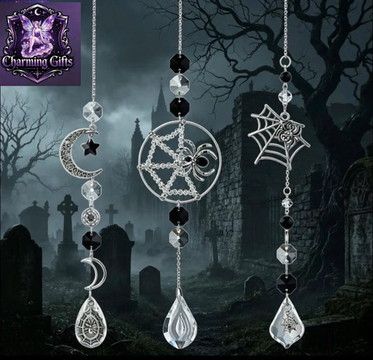 Set of 3 Crystal Spider Catchers, Spooky Halloween Light Catchers, Spider Decorations on Webs, Witch Wall Hangings, Decorations for The Dark Season black