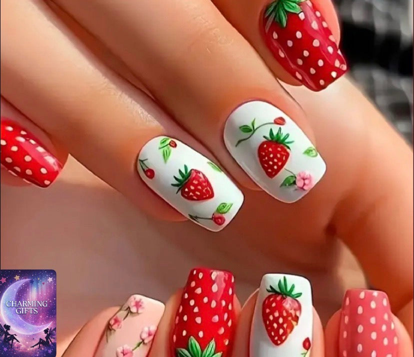 Strawberry & Floral Design Press-On Nails - Square Short, Removable False Nail Set with Jelly Adhesive & Nail File Included, Red & Pink Accents, Glossy Finish, Nail Art Decor|Playful Design|Easy Application