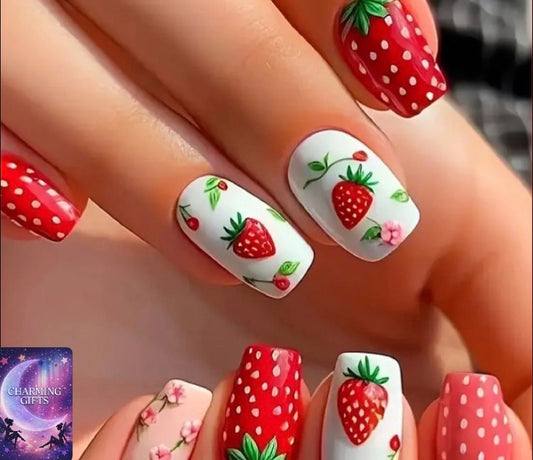 Strawberry & Floral Design Press-On Nails - Square Short, Removable False Nail Set with Jelly Adhesive & Nail File Included, Red & Pink Accents, Glossy Finish, Nail Art Decor|Playful Design|Easy Application