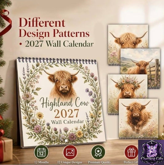 2027 Highland Cow Wildflower Wall Calendar – 12-Month Twin Wire Spiral, Large Writable Blocks, Boho Farmhouse Decor, Christmas Gift for Coworker & Teacher