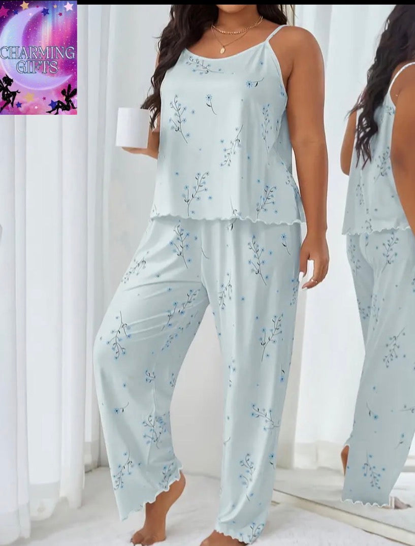 [Sweet Floral Pajama Set] Sweet Floral Women's Plus Size Cartoon Camisole and Pants Pajama Set