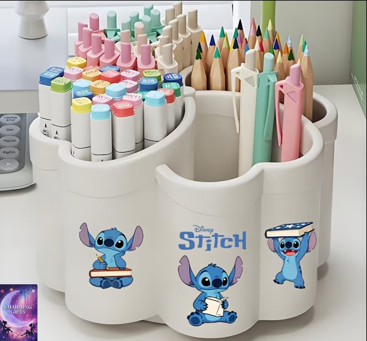 Disney Stitch Rotating Heart-Shaped Storage Box | Multi-Compartment Cartoon-Themed 360° Pen Holder - Large Capacity Multifunctional Desktop Organizer, Perfect for Stationery, Makeup Brushes, Office and Dormitory Essentials, Polished Plastic