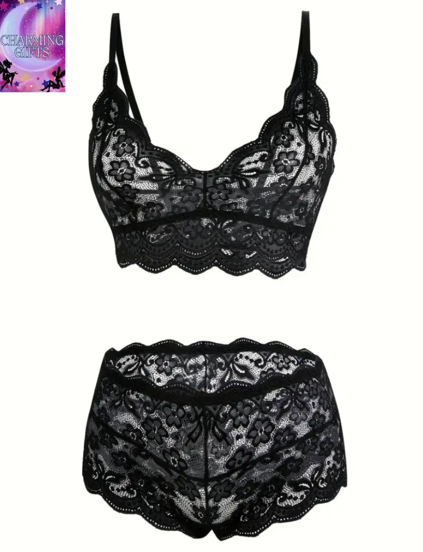 [Sexy Lingerie Set] Semi-Transparent Wireless Comfortable Breathable Bra, Large Size Sexy Lingerie Set with Lace Pattern | Mature Women's Boyshorts