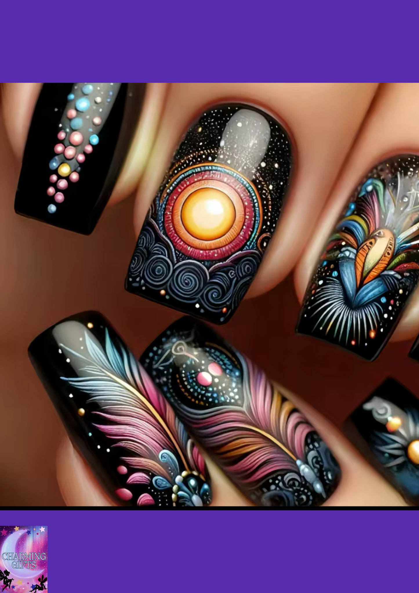 24pcs/set medium long fake nails fashion butterfly feather forest sea wave design gradient blue purple green press on false nail