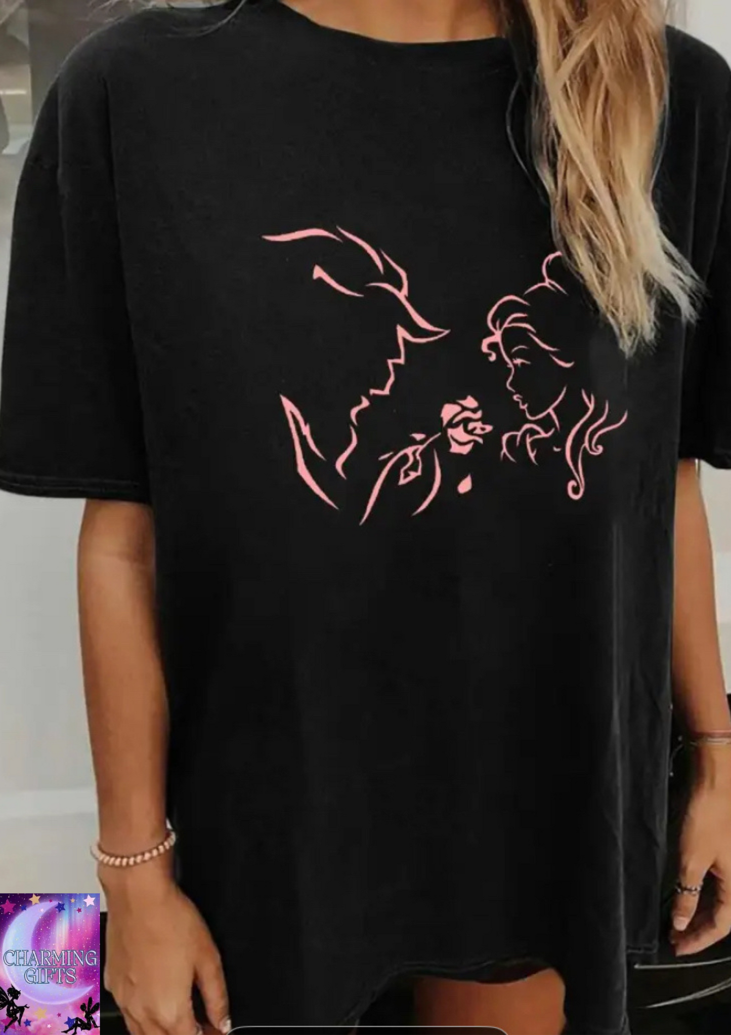 Beauty and the Beast Graphic T-Shirt for Women - Plus Size Black with Pink Cartoon Print, Breathable Casual Round Neck Tee, Machine Washable All-Season Comfort, Relaxed Fit Tee, Feminine Touch Apparel, Durable Casualwear, Comfortable Fabric