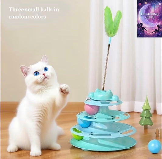 Artificial Feather Cat Carousel Toy - Rotating Rolling Ball Cat Toy, Interactive Teasing Toy for Cats, Cat Gift, Suitable for Indoor Cat Companion Toy, Self Entertainment And Fun Toy to Reduce Boredom, Random Balls in 3 Colors, Without Battery