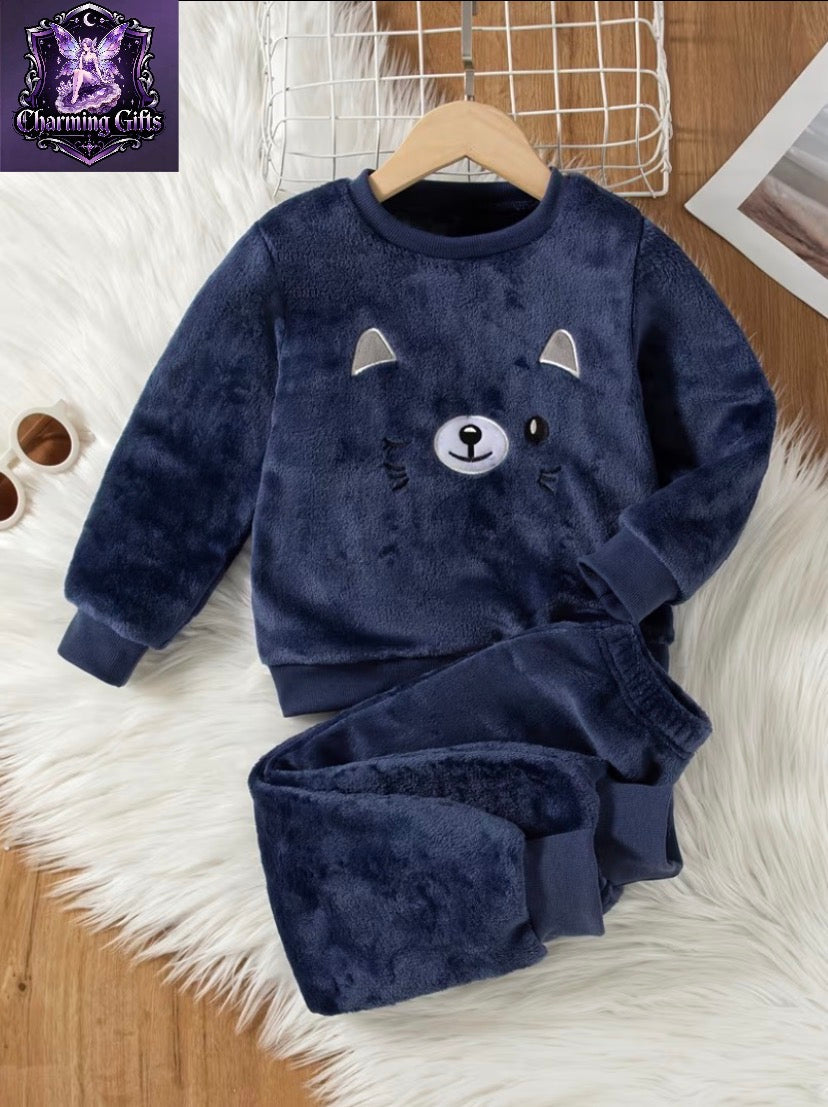 Boys' Casual Outdoor Fashion Embroidered Cartoon Round Neck Long Sleeve Top And Pants 2pcs Set Double-Sided Fleece Autumn Winter, for Outdoor
