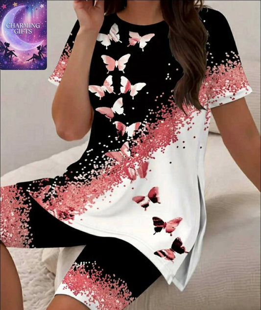 Plus Size Women'S Casual Butterfly Print Short Sleeve Shorts Set - Black and Pink, Split Hem, Crew Neck, Lightweight Polyester, Perfect for Summer Outings, Casual Summer Outfit | Butterfly Print Top | Lightweight Fabri