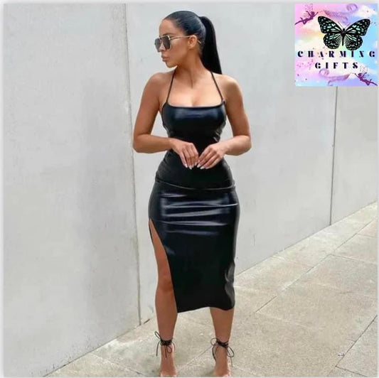 Sexy Pu Leather Nightclub Style Backless Strapless Bralette Personalized Split Strap Dress Slim Fit High Waist All Seasons