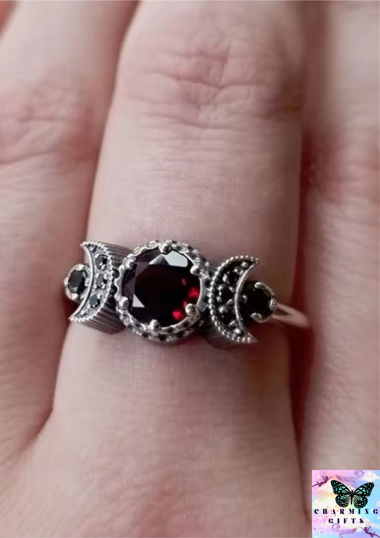 Exquisite Women Silver Color Red Stone Carving Moon Engagement Rings for Women Anniversary Engagement Bridal Jewelry Gift