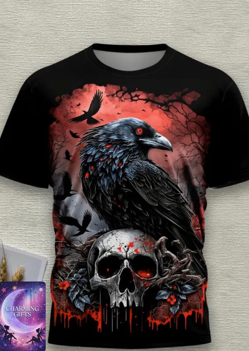 Men's Novelty 3D Crow and Skull Graphic T-Shirt - Black Short Sleeve Crewneck