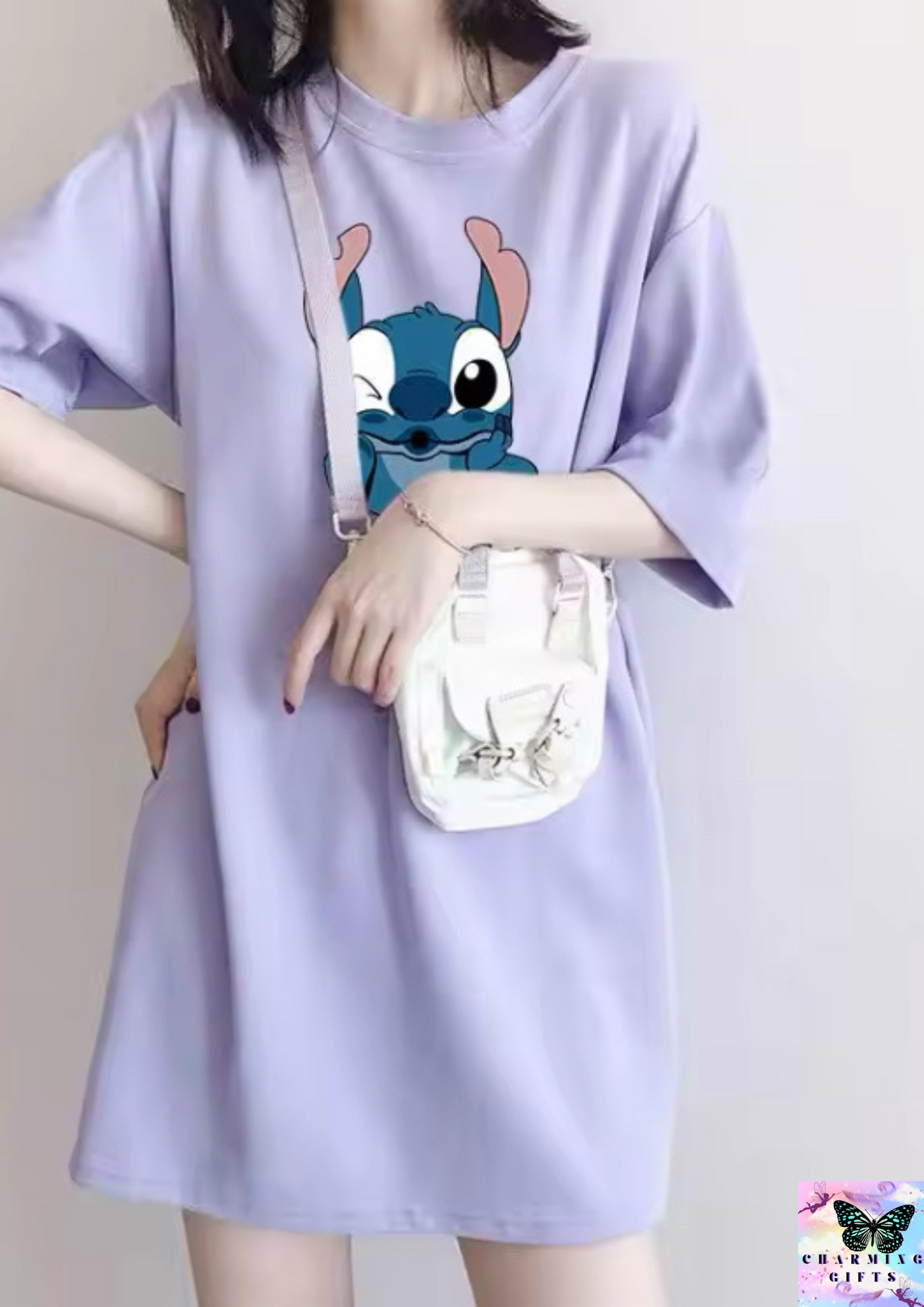 Kawaii Disney Stitch Nightdress for Women Cotton Cartoon New Short-Sleeved Loose and Versatile Dress That Can Be Worn Outside