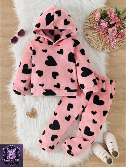 Girl's Heart Print Hooded Sweatshirt and Sweatpants Set, New Autumn/Winter Collection, Comfortable, Cute, Casual, and Warm, Perfect for Outdoor