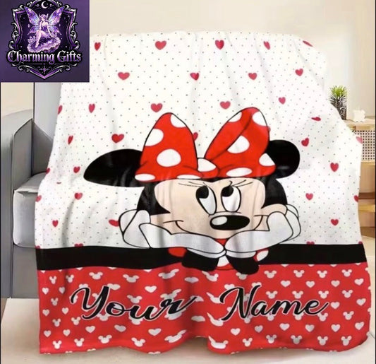 Personalized Minnie Mouse Blanket with Name/Text - Custom Polka Dot Bedspread Suitable for Naps, Camping, Bedding | Soft Flannel Polyester | Gift for,, | Durable All-Season Warmth for Bed, Couch, or Use