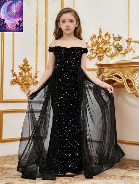 Girl's Luxury Off-Shoulder Sequin Mermaid Party Dress - Long Tulle Layered Fitted Evening Gown, Suitable for Special Occasions, Back-to-school Season, Graduation Season, Bridesmaid Dresses, and Daily Wear