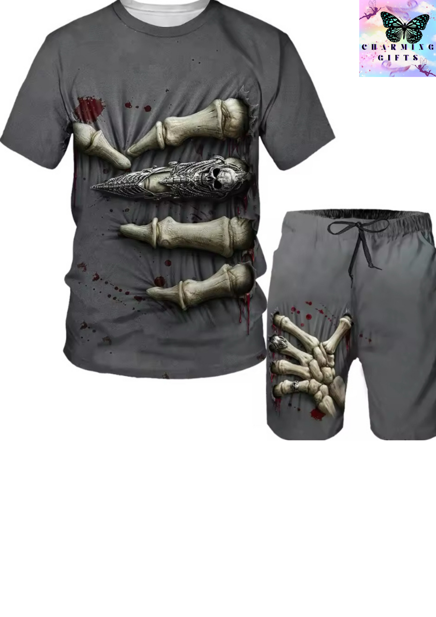 Blood stained skeleton hand t shirt and shorts set