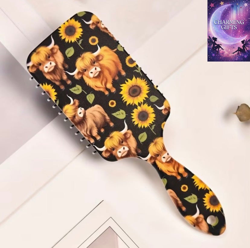 1pc Sunflowers And Highland Cattle Cushion Comb, Large Anti-Static Rubber Bristle Hairbrush with ABS Plastic Handle for Normal Hair, Detangling Styling Tool for Long Hair Care