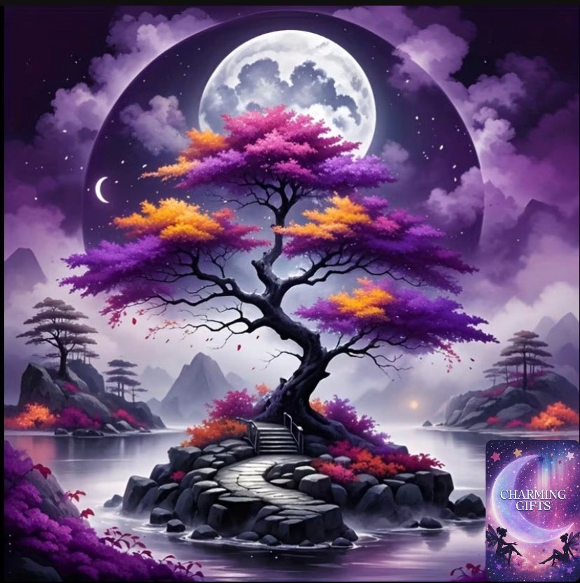Moonlight Purple Tree Series 5D Diamond Painting Kit - Full Round Drill Canvas Art Home Decor, Suitable for Bedroom, Living Room, Entryway, Study - Perfect Holiday Wall Gift, Ideal Festive Present, Landscape Theme, Acrylic Paint, Canvas Material