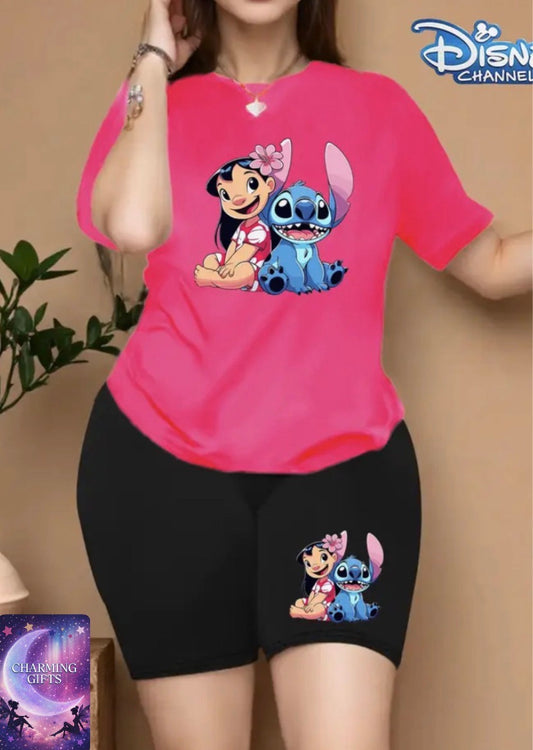 Disney Series Lilo and Stitch Printed Short Sleeve Women's, Plus Size Women's Round Neck T-Shirt Shorts Set, Simple and Fashionable Summer Casual Sports Two Piece Suit Perfect choice!