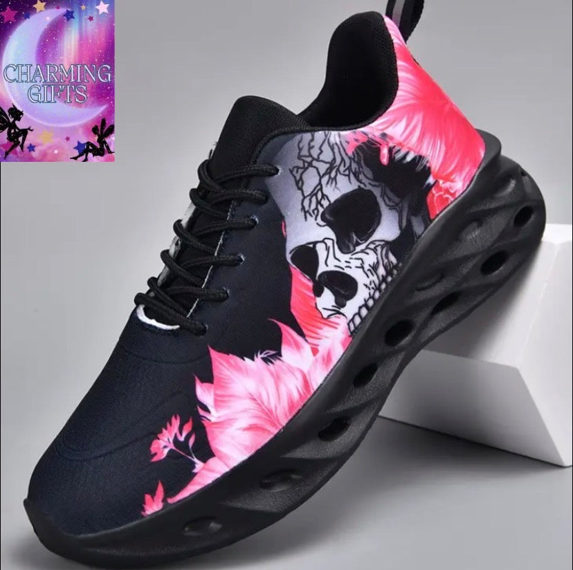 [Bold Graphic Running Shoes] Men's Bold Graphic Running Shoes - Skull & Floral Design | Low-Top, Breathable Fabric, Lace-Up Sneakers with EVA Cushion & PU Sole for Hiking, Walking, Casual Wear, Athletic Footwear, Urban Style