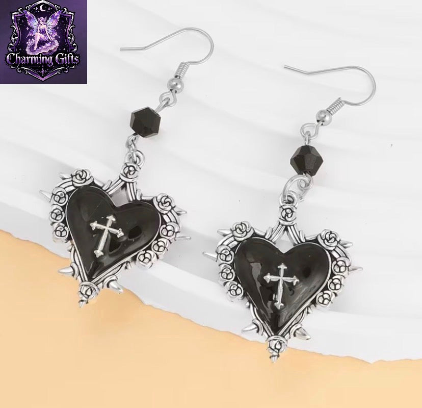 Gothic Y2K Thorn & Rose Cross Pendant Earrings with Heart-Shaped Beaded Bow - Edgy Hip-Hop Suitable for Daily Wear, Themed Parties, Year-Round Versatile Accessory