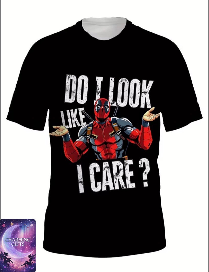 Black Men's Marvel Deadpool Graphic T-Shirt - Casual Streetwear Tee with "Do I Look Like I Care?" Design, Short Sleeve, Round Neck, Perfect for Summer, Everyday Tshirt | Bold Graphic Tee | Comfortable Fit, Marvel T Shirt