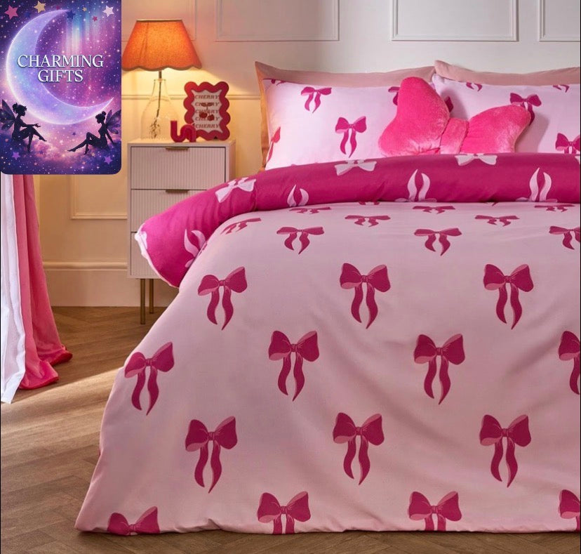 Pink Double Bedding Set Bow Printed, Birthday Gifts for Women Super Soft Microfibre Reversible Double Duvet Set Warm Cosy Stylish Duvet Cover with Pillowcases, Monochrome