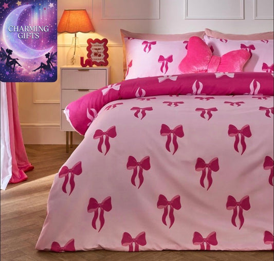 Pink Double Bedding Set Bow Printed, Birthday Gifts for Women Super Soft Microfibre Reversible Double Duvet Set Warm Cosy Stylish Duvet Cover with Pillowcases, Monochrome