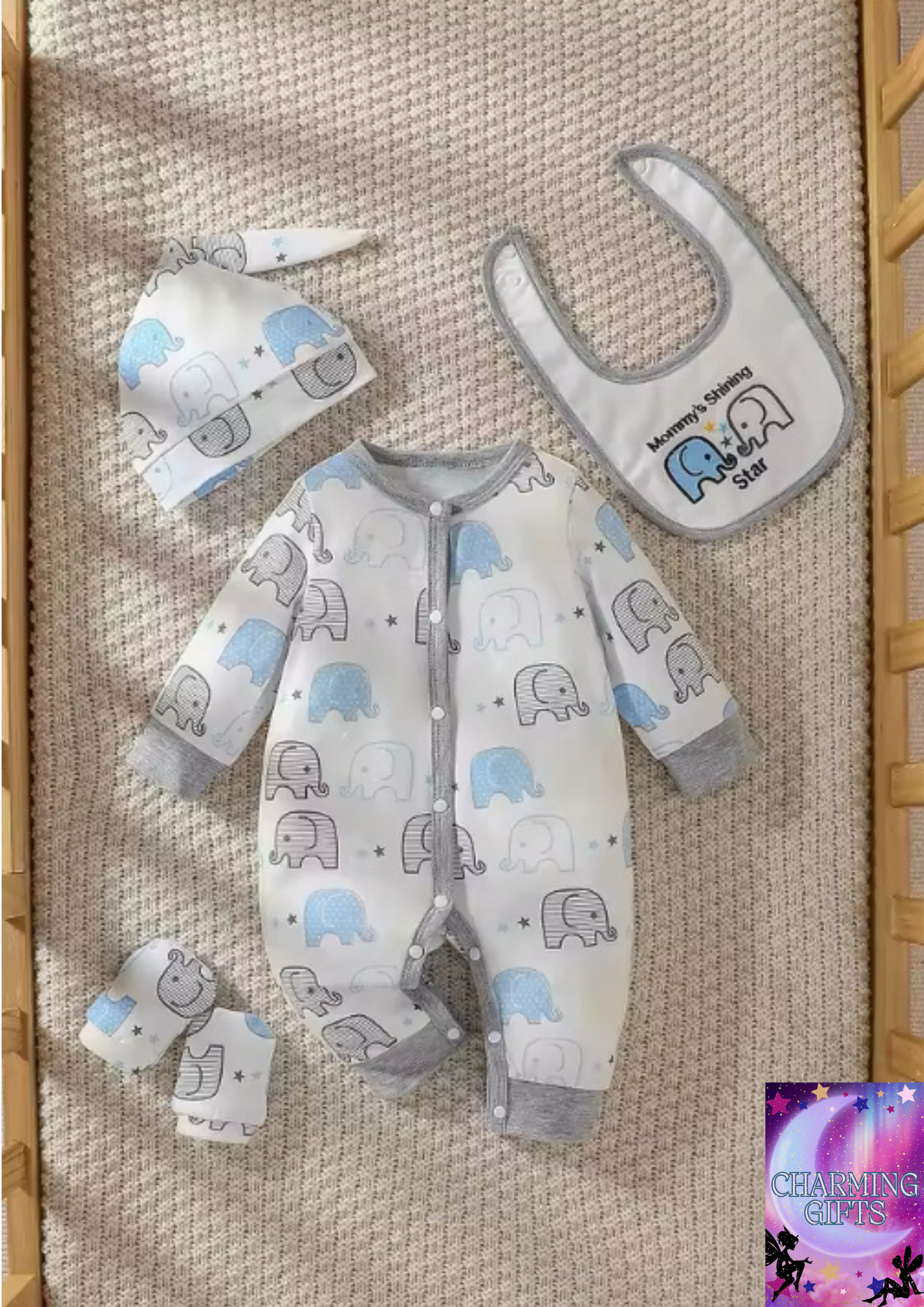 4Pcs Baby Boys Spring/Autumn Long Sleeve Cartoon Elephant Cute Casual Jumpsuit +Bib+Hat+Gloves