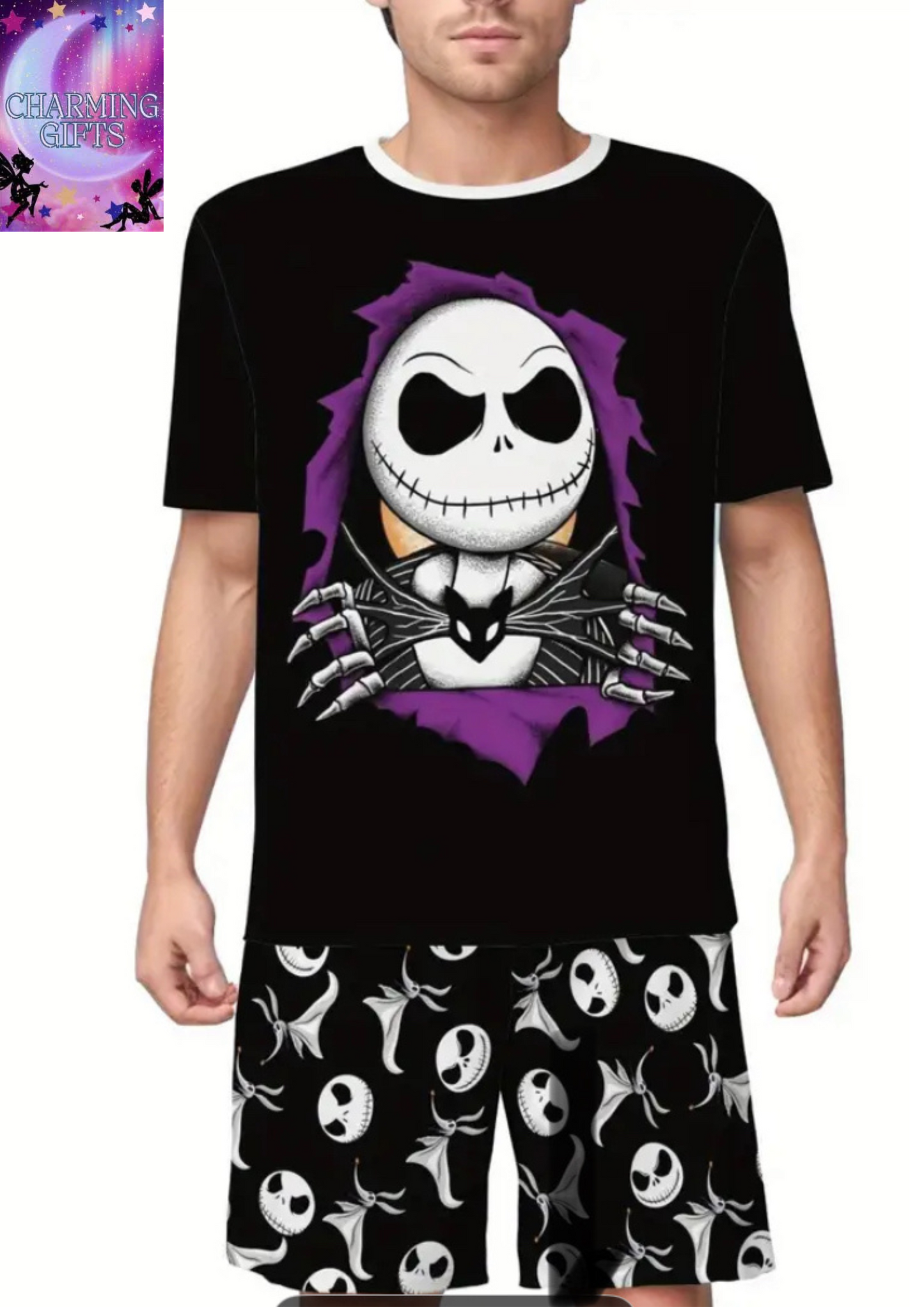 The Nightmare Before Christmas unisex Pajama Set - Soft & Breathable Crew Neck T-Shirt & Shorts with Jack Skellington Design, Casual Summer Sleepwear, Perfect Gift for Friends or Pajamas for Summer