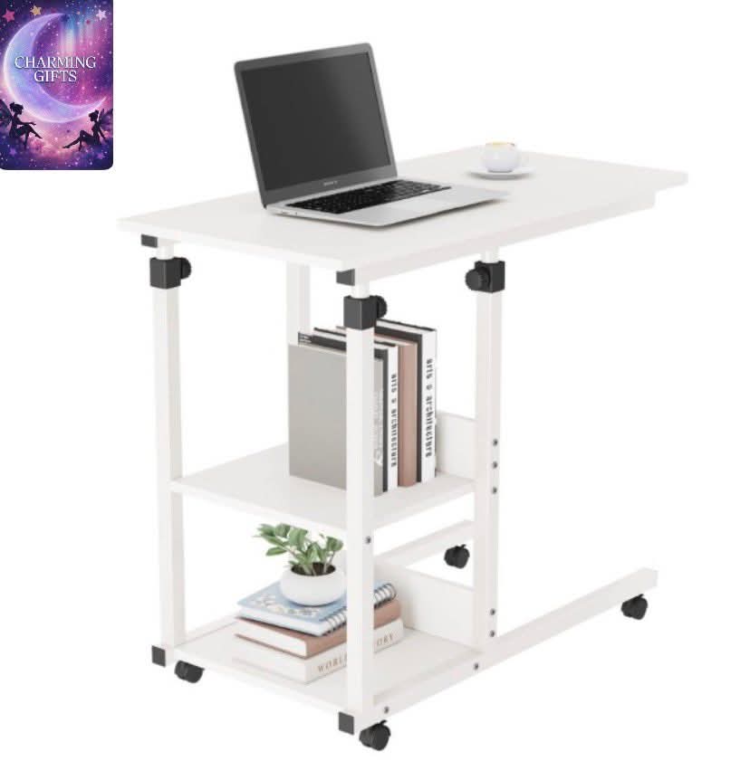 White) Folply C Shaped Height Adjustable Mobile Rolling Side Table, End Table, Laptop table