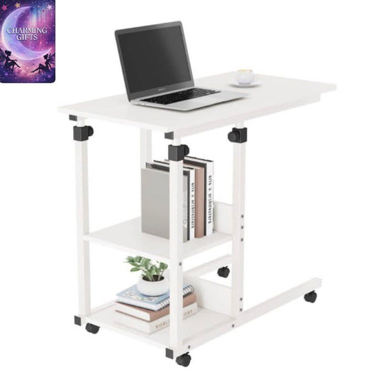 White) Folply C Shaped Height Adjustable Mobile Rolling Side Table, End Table, Laptop table