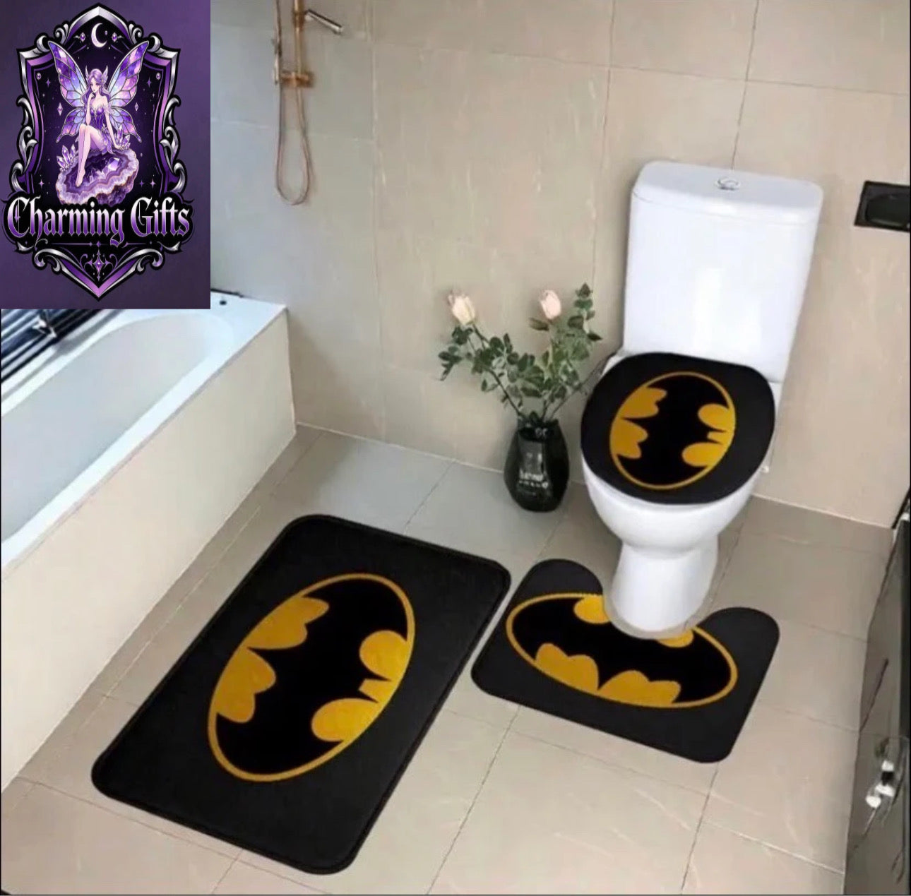 3pcs Non-Slip DC Batman Design Bathroom Mat Set, High Quality Soft and Comfortable Bathtub Mat, Absorbent Mat for Bathroom, Laundry Room, Dressing Table, Patio Home Decor Accessories, Quick Dry and Machine Washabl, Best for Christmas