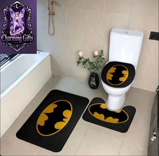 3pcs Non-Slip DC Batman Design Bathroom Mat Set, High Quality Soft and Comfortable Bathtub Mat, Absorbent Mat for Bathroom, Laundry Room, Dressing Table, Patio Home Decor Accessories, Quick Dry and Machine Washabl, Best for Christmas