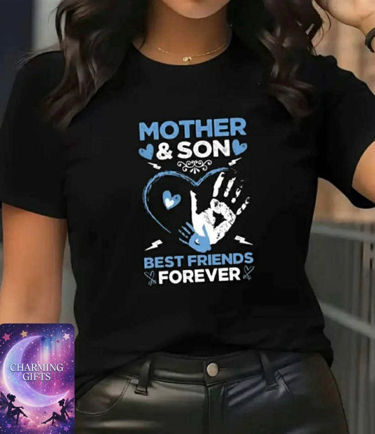 Women's Casual Short Sleeve T-Shirt - Mother & Son Best Friends Forever Graphic Print, Black with Blue Lettering, High Elasticity Round Neck, Machine Washable Spring Summer Fall Top, Ladies T Shirts, Round Neck Tee, Nontransparent Fabric