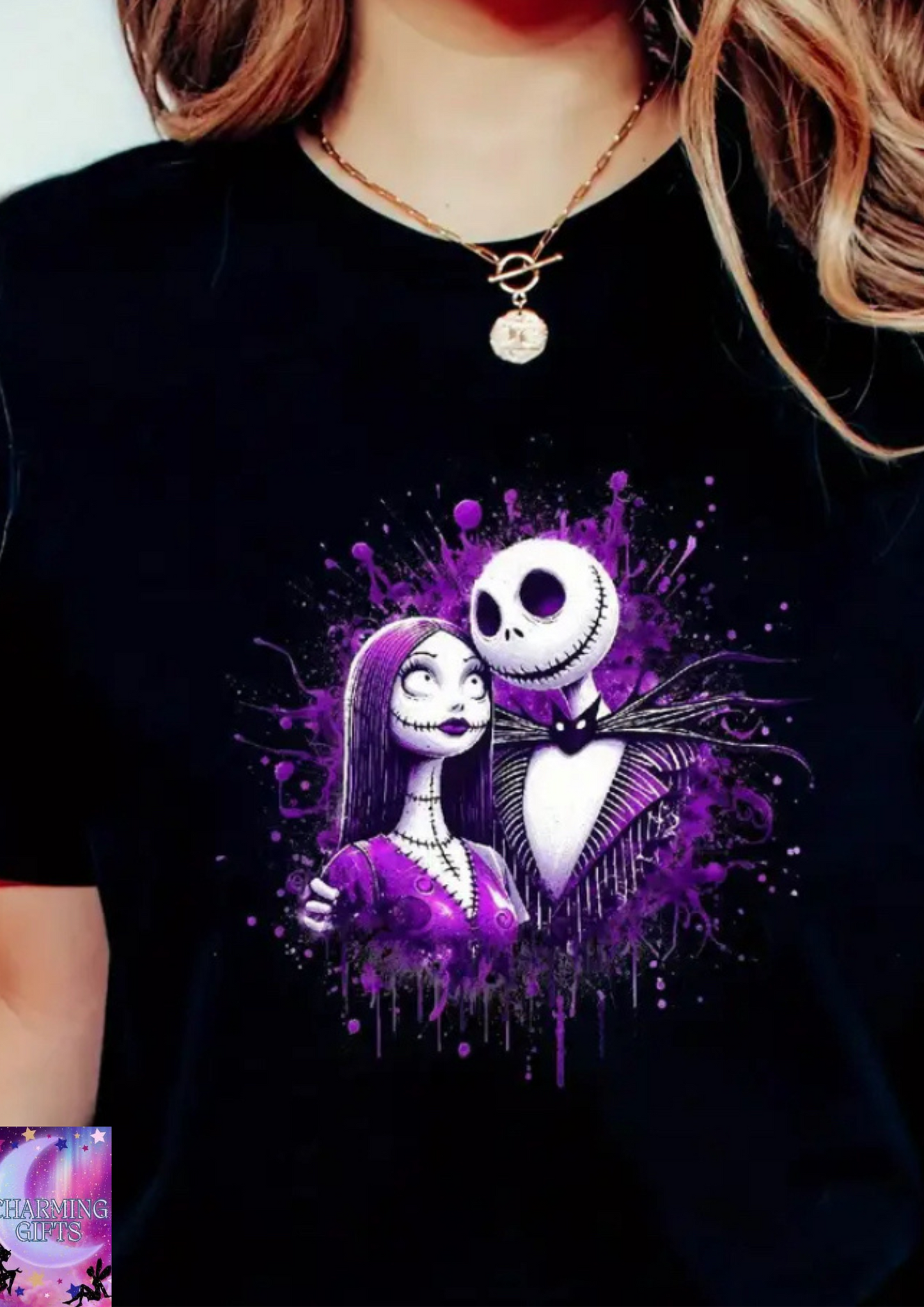 Women's Jack Skellington & Corpse Bride Graphic T-Shirt - Y2K Style Crew Neck Tee with Purple Splatter Art, 95% Polyester 5% Spandex, Lightweight 180gsm for Spring Summer Autumn Casual Wear, T Shirt, Seasonal Versatility, Everyday Machine Washable