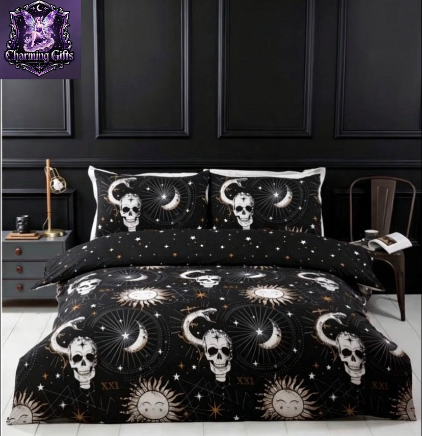 Starry Tarot Dreams Microfibre King Size Reversible Duvet| 180 Thread Count | Halloween Celestial Tarot & Skull Design | Includes Pillowcase | Soft, Breathable & Wrinkle Resistant | Popper Closure | Machine Washable | UK Based Br