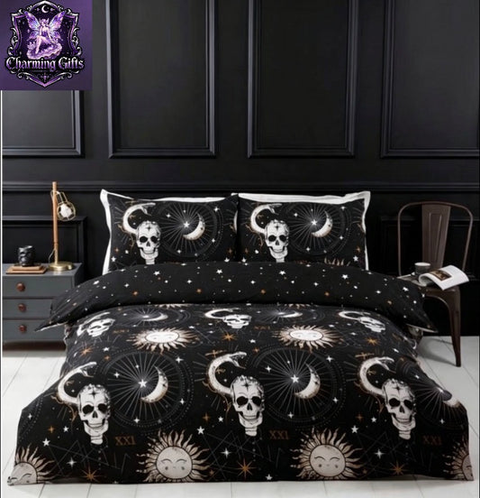 Starry Tarot Dreams Microfibre King Size Reversible Duvet| 180 Thread Count | Halloween Celestial Tarot & Skull Design | Includes Pillowcase | Soft, Breathable & Wrinkle Resistant | Popper Closure | Machine Washable | UK Based Br