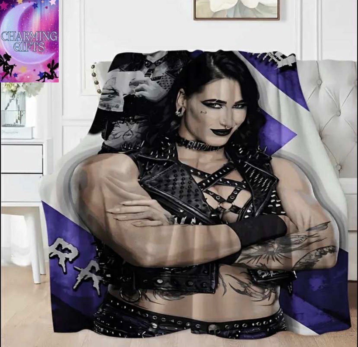 1pc Rhea Ripley Inspired Flannel Blanket - Deep Purple Celestial Star & Moon Print, Mystical & Enchanting Design, Soft Polyester, Machine Washable, Perfect for All Seasons, Ideal for Relaxation and Comfort, Allseason Blanket | Celestial Print Blanket | Du